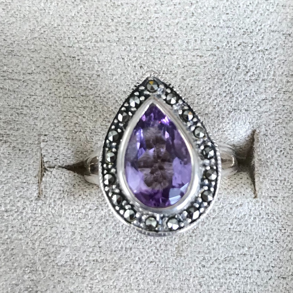 Amethyst & Marcasite Teardrop Ring - Size 6